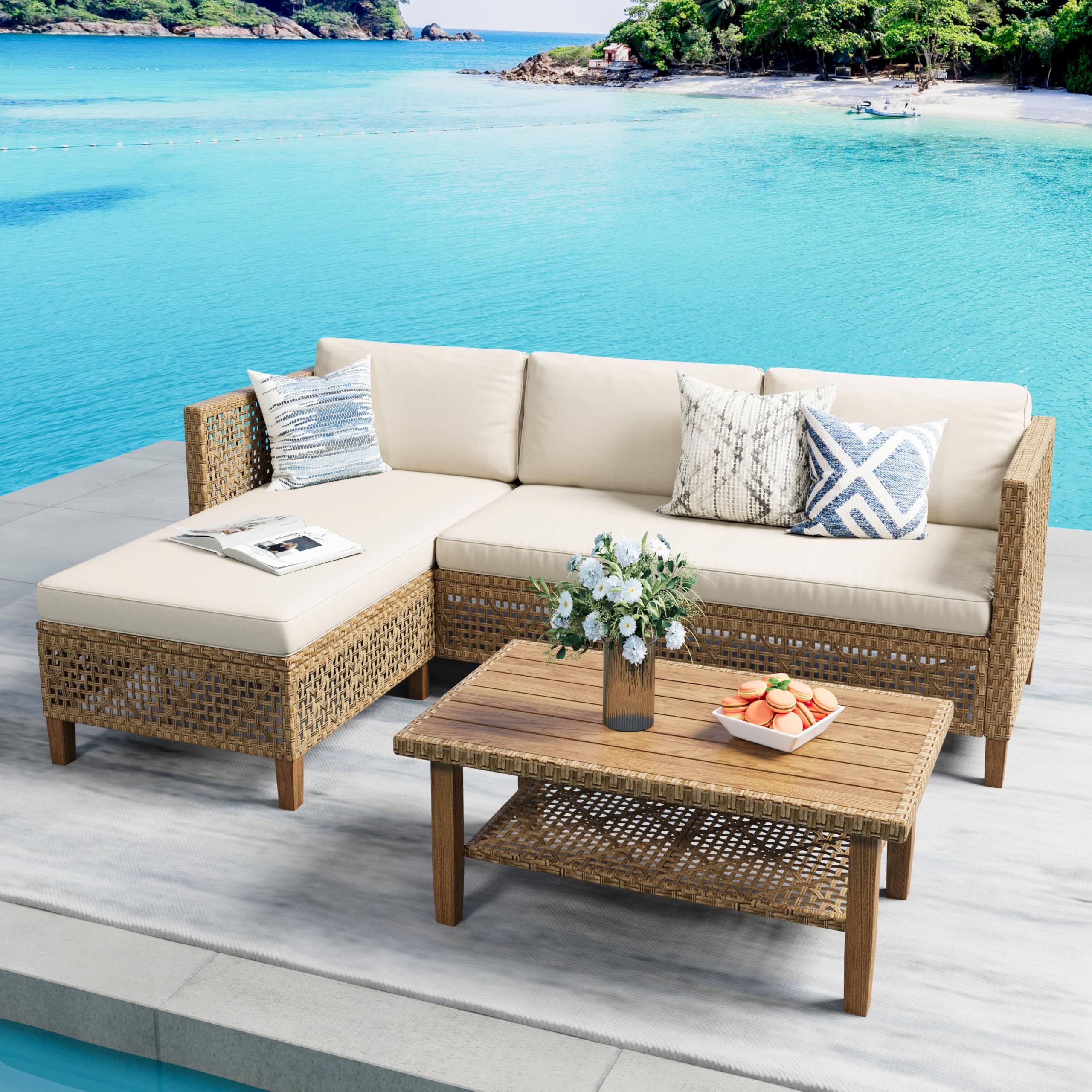 PHI VILLA Wicker Patio Furniture Set with L-shaped sofa and coffee table