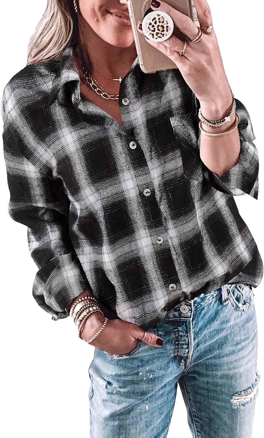 Wenrine Womens Long Sleeve Button Down Shirt Casual Plaid Flannel Shirt Collared Blouse Tops