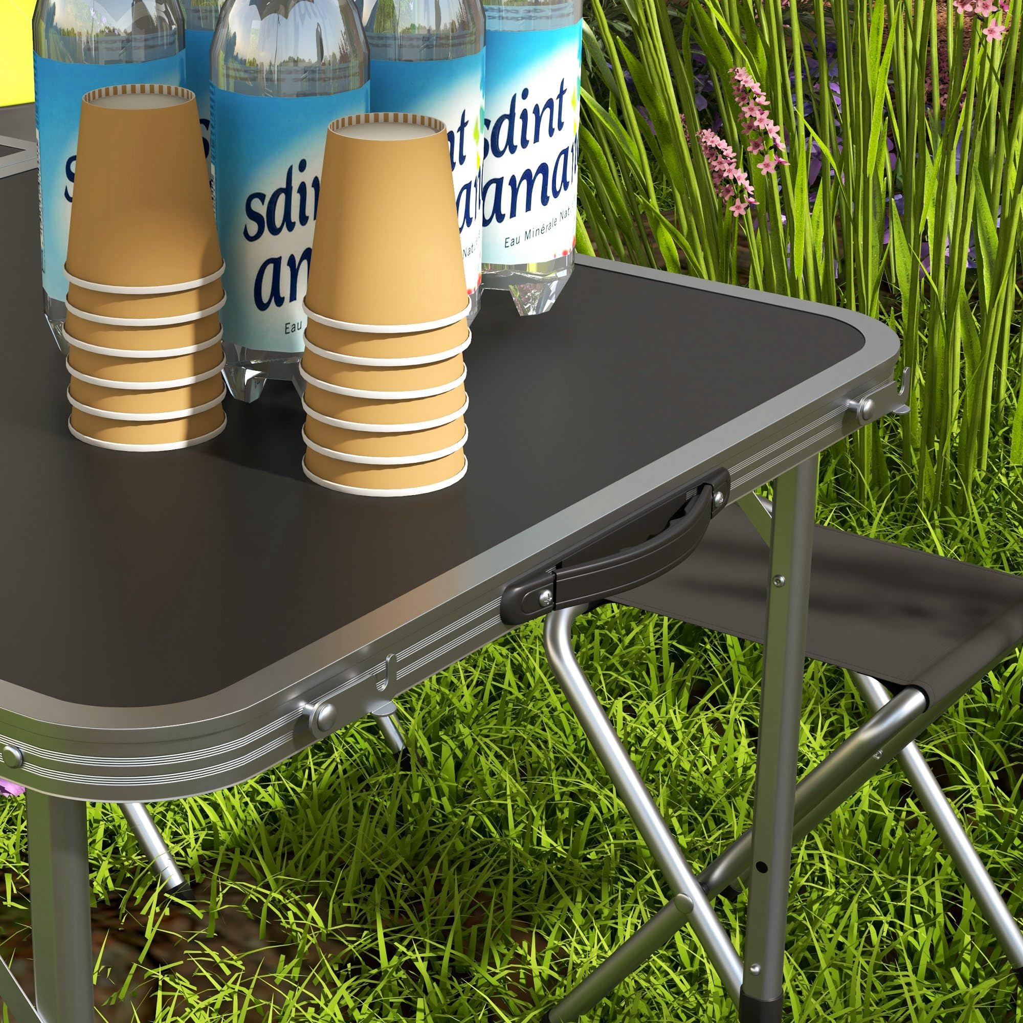 Outsunny 5-Piece Camping Set Tavolo da campeggio pieghevole con sedie Include 1 tavolo regolabile in altezza con foro per ombrellone 120x60x55-70 cm e 4 sgabelli pieghevoli Nero