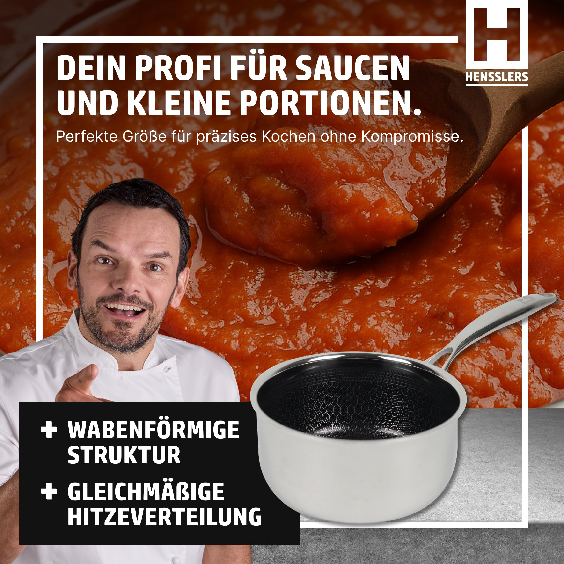 HENSSLERS® Stielkasserolle 16cm [ALLE HERDARTEN] - Saucepan aus Edelstahl - Stieltopf mit innovativer Keramikbeschichtung + Antihaftwirkung - Kochtopf klein - Mini Topf - Kasserolle Induktion geeignet