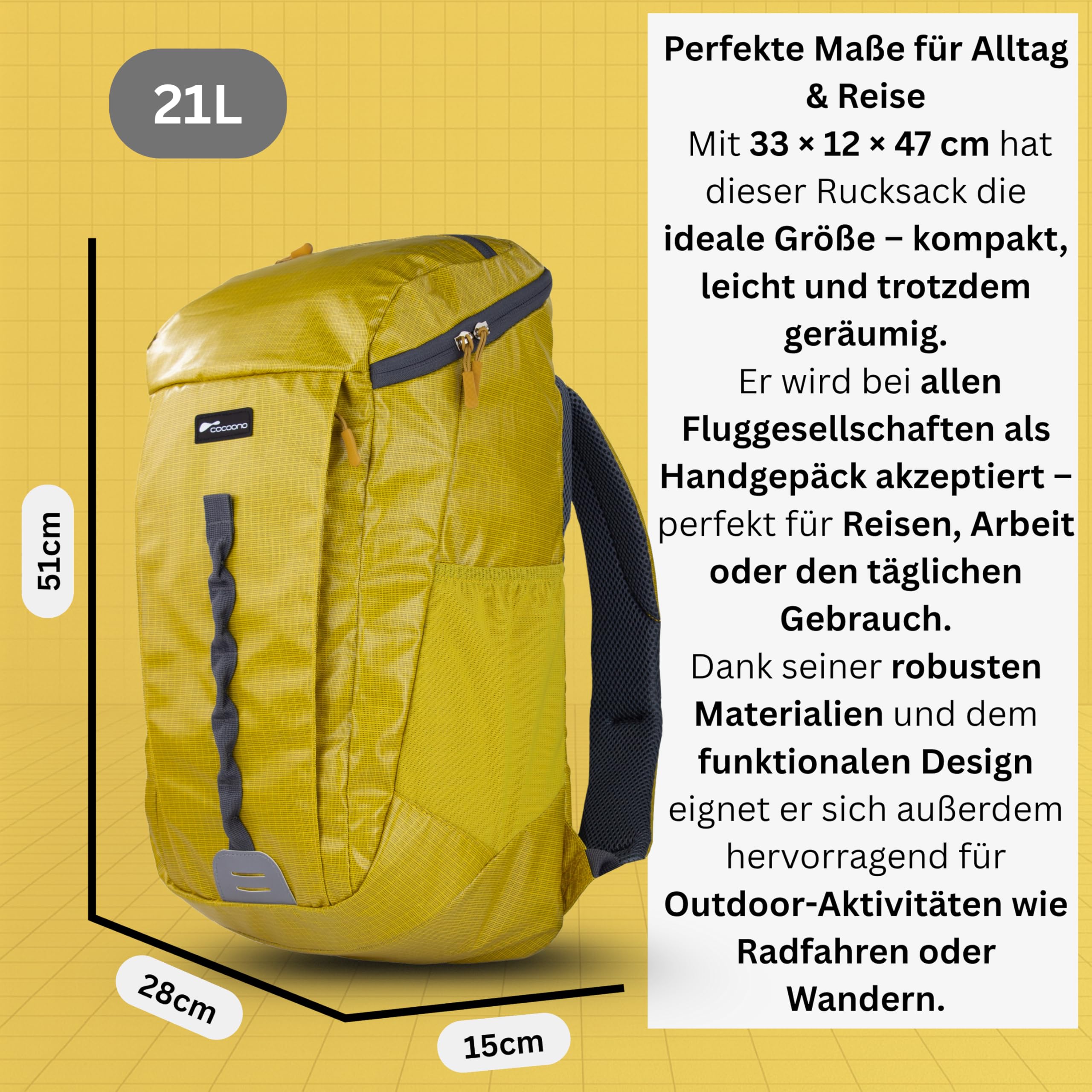NOWI cocoono Zaino Giallo Scuola Lavoro Portatile Scomparto Impermeabile Dispositivo per Sistema di Idratazione Cinghia Petto Bagaglio A Mano Nero 51 cm 21 L, giallo.