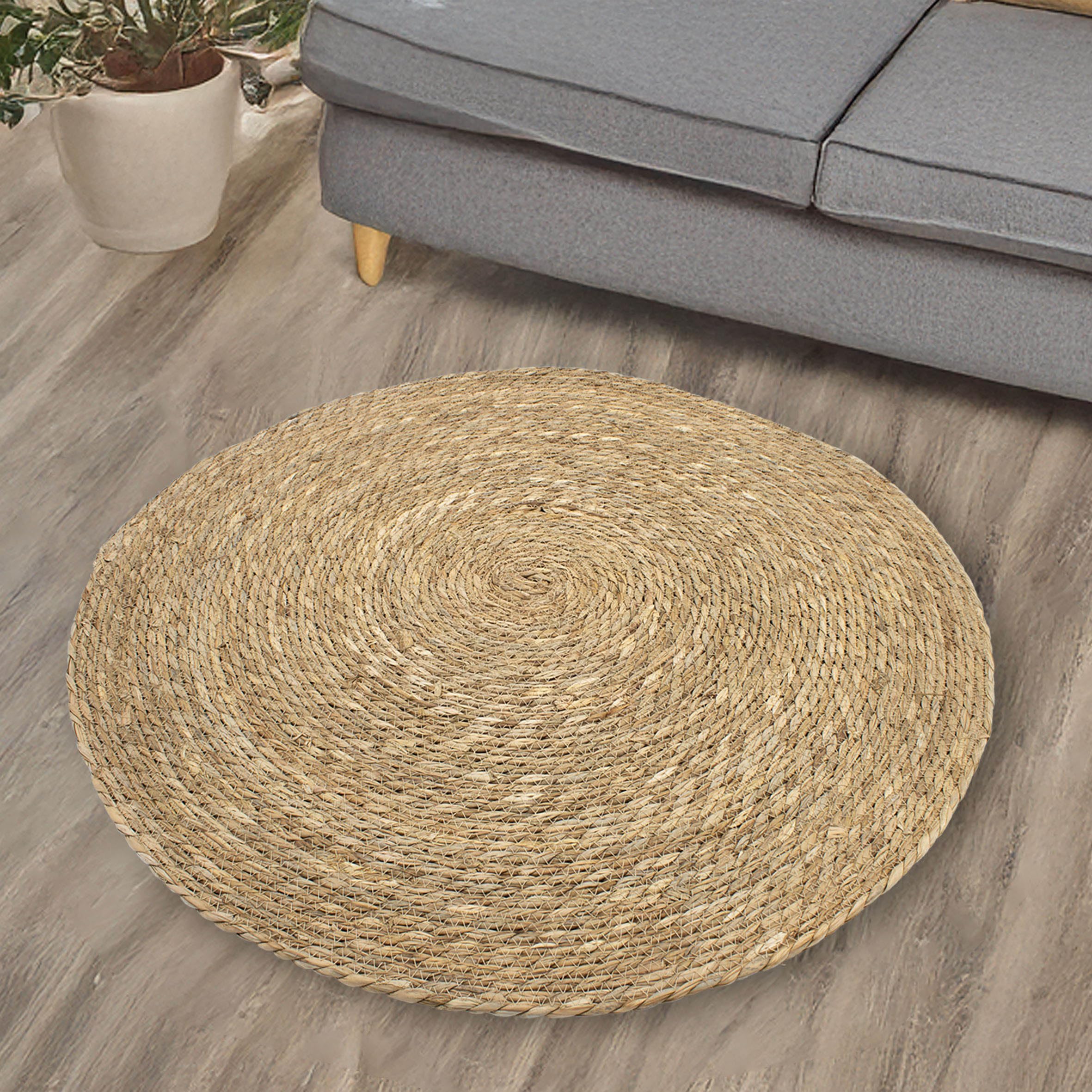Tapis rond en jonc de mer antistatique et recyclable Spetebo au tissage plat et bas