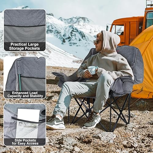 Miniatura 6 de Silla de campamento de gran tamaño, sillas de campamento acolchadas plegables portátiles con bolsillo lateral, soporte para tazas, soporte