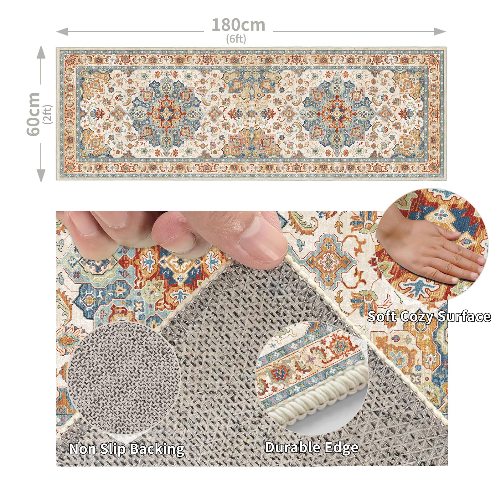 Cycleader 60x180cm Non-Slip Washable Runner Rug for Hallway Vintage Boho Faux Cashmere Carpet Anti-Fatigue Kitchen Rugs Indoor Soft Long Floor Mat Low Pile Runners with Anti-Slip Backing for Bedroom - Image 2