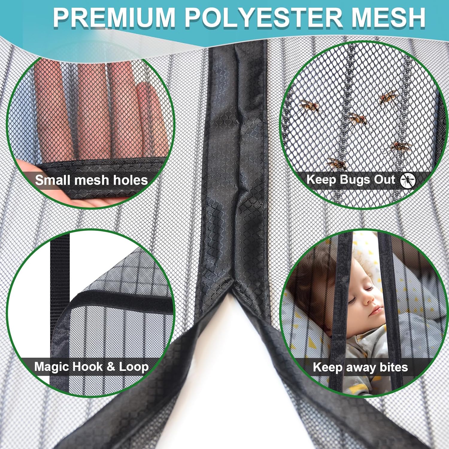 Magnetic Screen Door Mesh, Fit Door 54 x 93 inch, Black Actual Net Screen Size Include Edges 56" x 95" for Patio, Sliding Door, Keeps Bugs Out, Fresh Air Flow, Self Closing