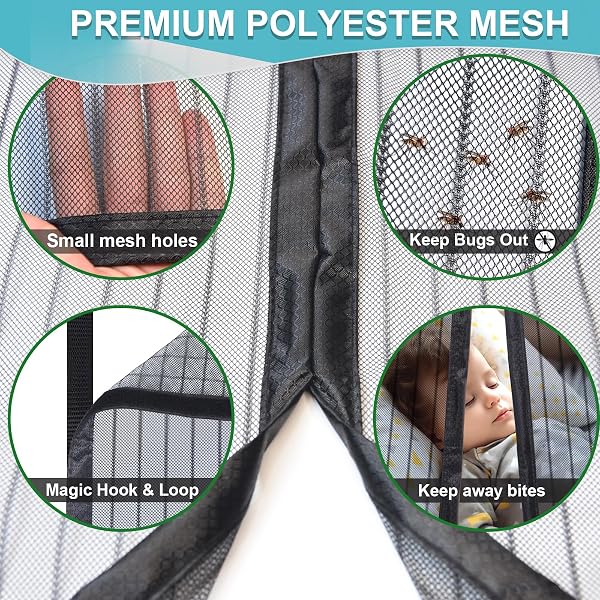 Magnetic Screen Door Mesh, Fit Door 33 x 78 inch, Black Actual Net Screen Size Include Edges 35" x 80" for Patio, Sliding Door, Keeps Bugs Out, Fresh Air Flow, Self Closing - 5