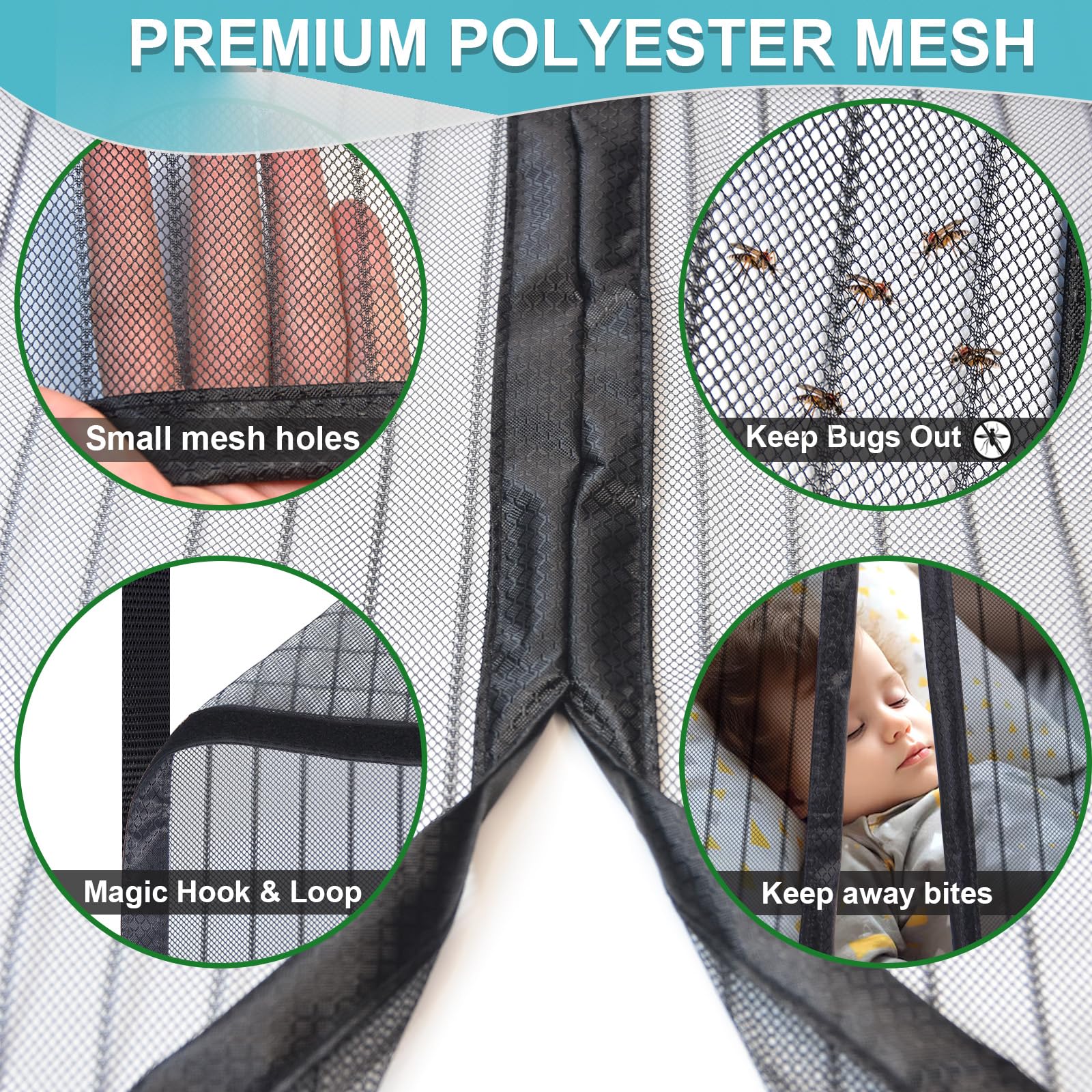 Magnetic Screen Door Mesh, Fit Door 28 x 80 inch, Black Actual Net Screen Size Include Edges 30" x 82" for Patio, Sliding Door, Keeps Bugs Out, Fresh Air Flow, Self Closing — view 5