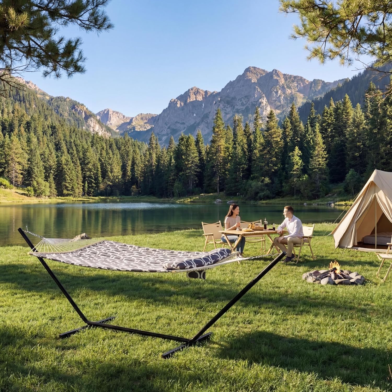 Garvee Double Hammock with Stand for Outdoor, Portable Hammock with Soft Pillow, Balance Ropes, for Patio, Garden, Backyard, Beach