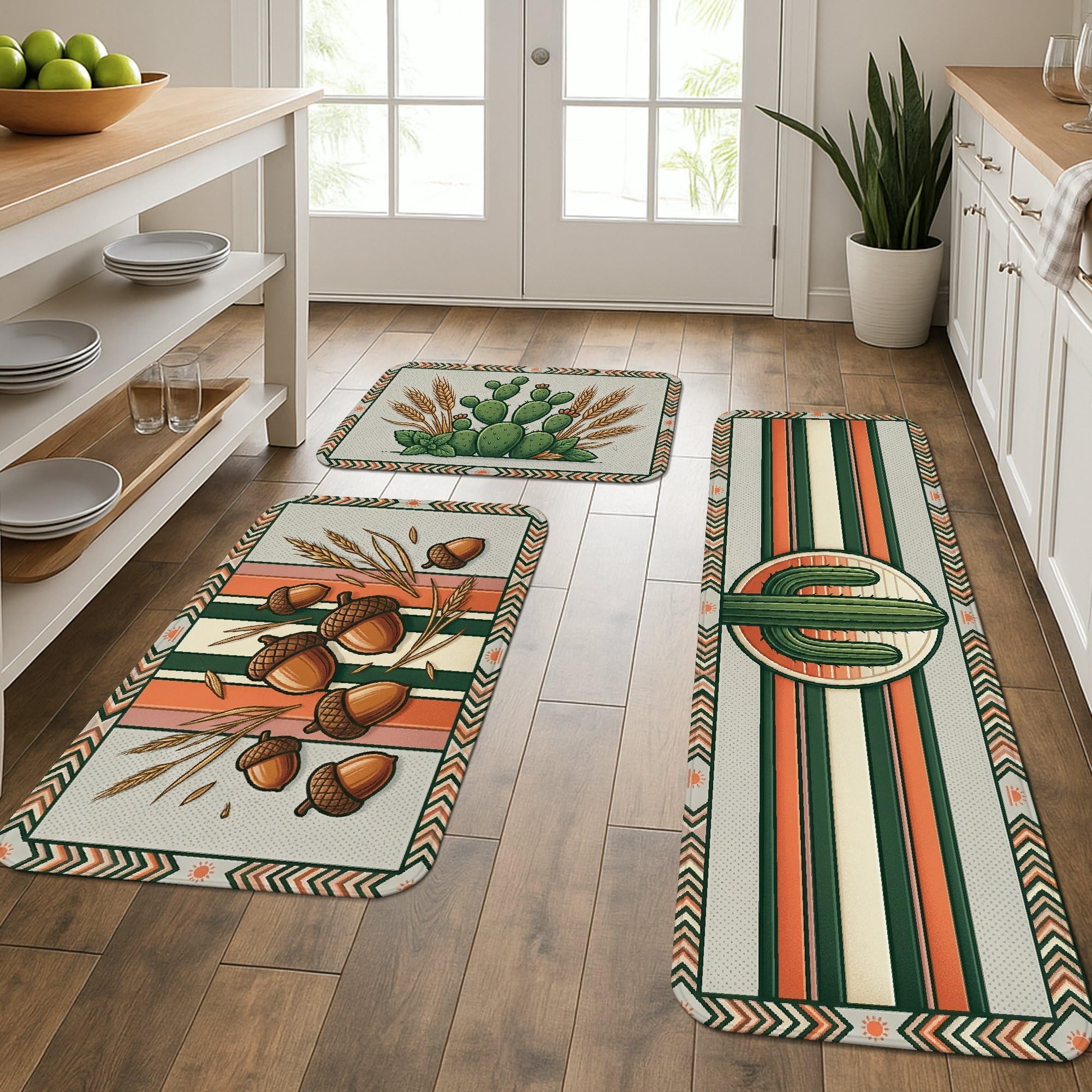 Tapis de cuisine rustiques Acorns | Lot de 3 tapis lavables et rembourrés motif cactus