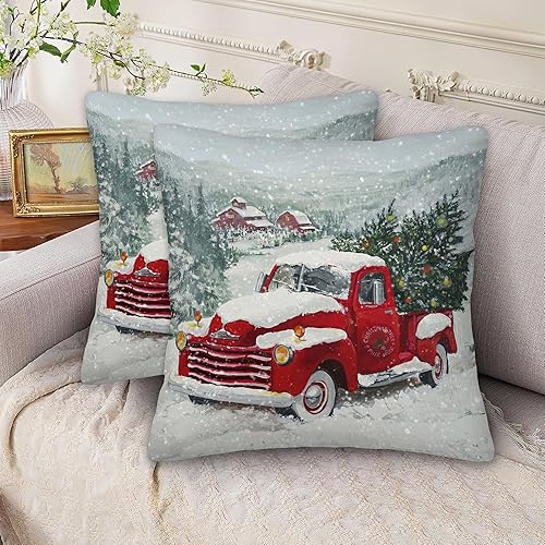 Miniatura 6 de SKYDAWNY Juego de 2 fundas de almohada de árboles de Navidad de 18 x 18 pulgadas, fundas de almohada decorativas con nieve y camión rojo, funda