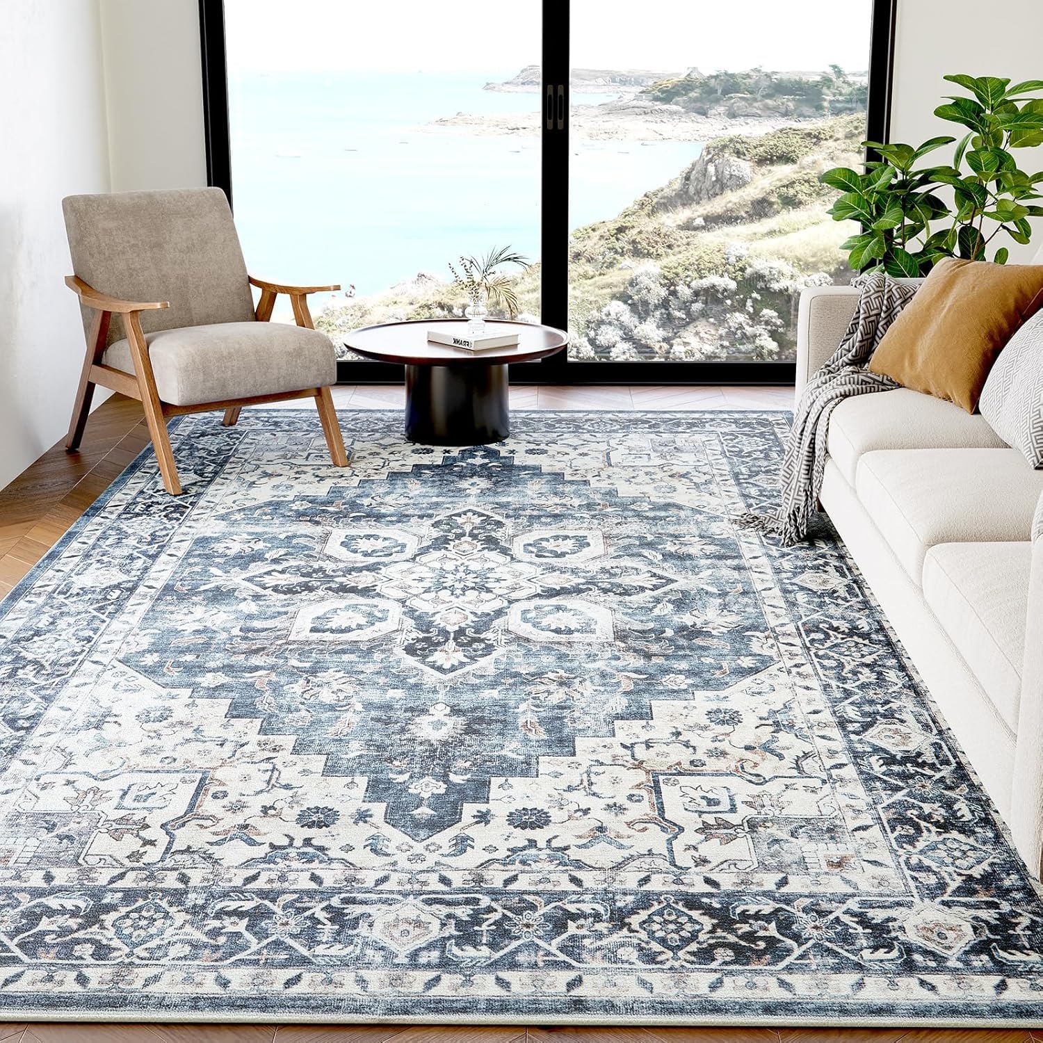 Tapis lavable en machine bleu vintage AMADA HOMEFURNISHING fini les tapis qui glissent