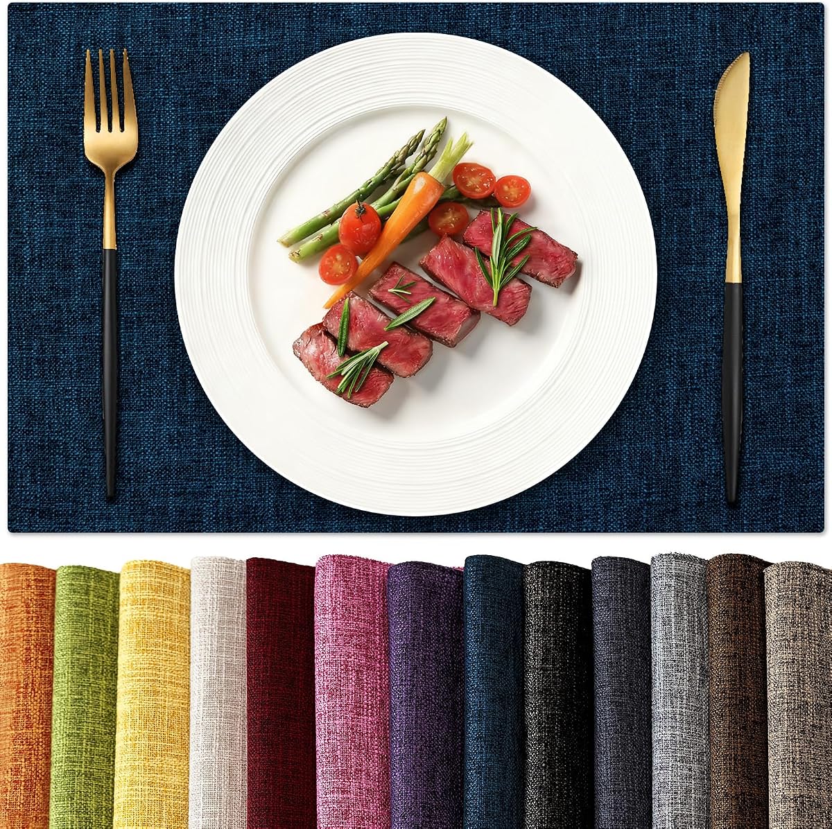 KXN Placemats Set of 4, Dual-Layer Thickened Faux Linen Table Mats, Heat Resistant & Wrinkle-Free, Machine Washable Cloth Place Mats for Kitchen Dining Indoor Outdoor (Navy Blue)