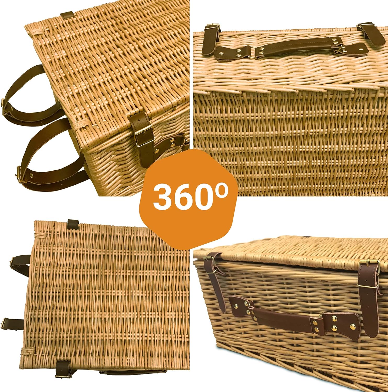 A'BA Picnic Basket Set – for 4 Persons - Large, Insulated Wicker/Hamper Kit - Perfect w/ Kids Includes Waterproof Blanket, Cutlery, Plates, Salt & Pepper Shaker, Bottle Opener: Kitchen & Dining