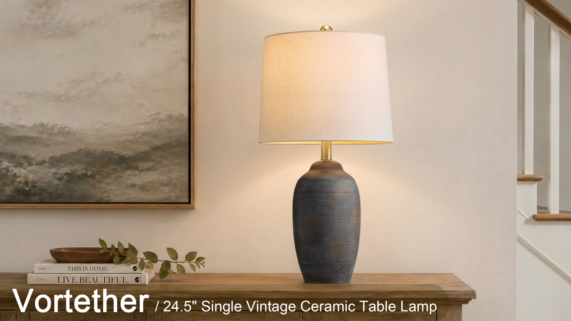 Image of 24.5 inch Ceramic Black Lamp for Living Room with Pre-Attached Shade | Single Rustic Bedside Lamps, Hand-Textured Farmhouse Vintage Table Lamps for Bedroom Nightstands, Side End Table Home Decor