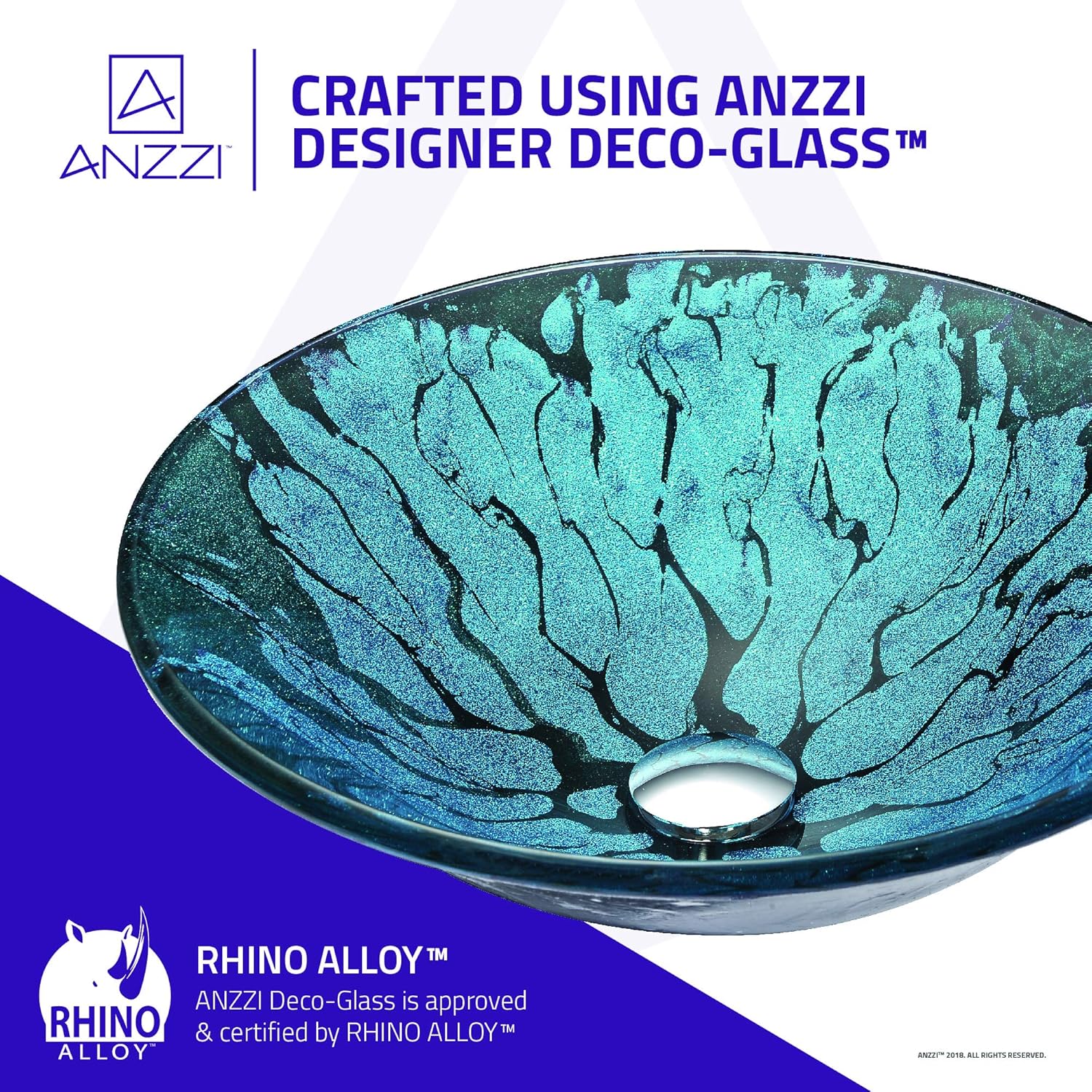 🔥 Flаѕh Sаlе ANZZI Key Tempered Glass Vessel Bowl Sink in Lustrous Blue and Black | Aqua Top Mount Bathroom Sinks Above Counter | Fire Pattern Round Vanity Countertop Sink Bowl with Pop Up Drain | LS-AZ046
