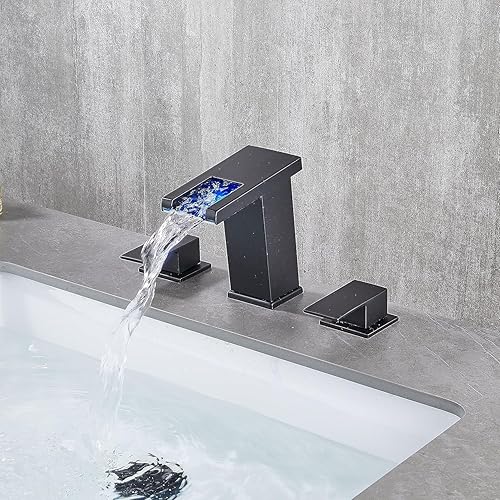 Miniatura 5 de LOOPAN Grifo de baño LED amplio negro  Grifos de baño en cascada para fregadero de 3 agujeros, grifo de fregadero de baño de 8 pulgadas, 2 asas,