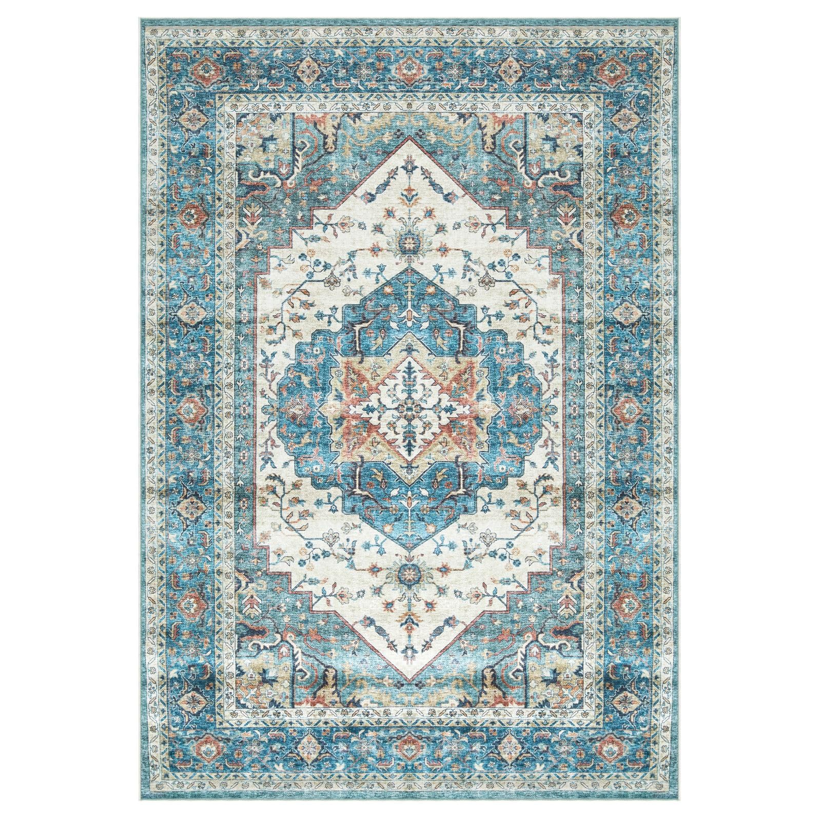 IDIMEX Alfombra tradicional lavable 200 x 300 cm, color turquesa con beige y rojo óxido, vintage, pelo corto, antideslizante, resistente a la suciedad y al agua, resistente, fácil de limpiar con