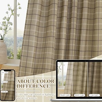 RYB HOME Farmhouse Linen Plaid Curtains Light Filtering 96 inches Long