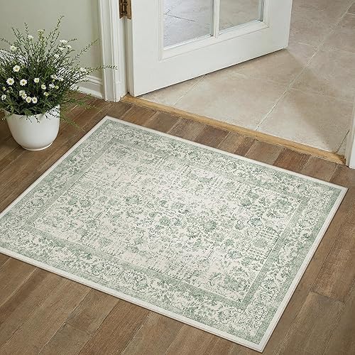 Tapete verde salvia, 2 x 3 pies, lavable, vintage desgastado, antideslizante, neutro, pelo corto, retro, floral rústico, decorativo, pequeño, para