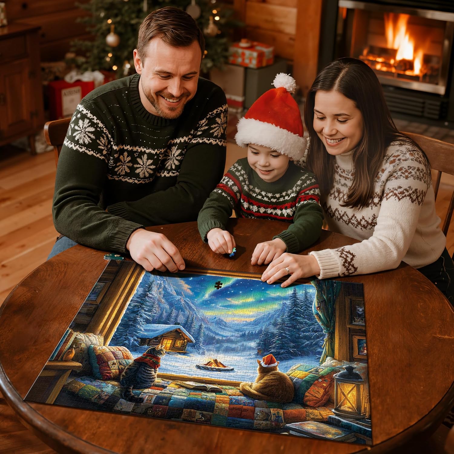 Christmas Puzzles for Adults 1000 Pieces, Winter Cat Aurora Scene, 1000 Piece Jigsaw Puzzle with Letters on Back, Stress Relieving Creative Games Gifts Home Decor (27.5"x19.6"), 1:1 Poster