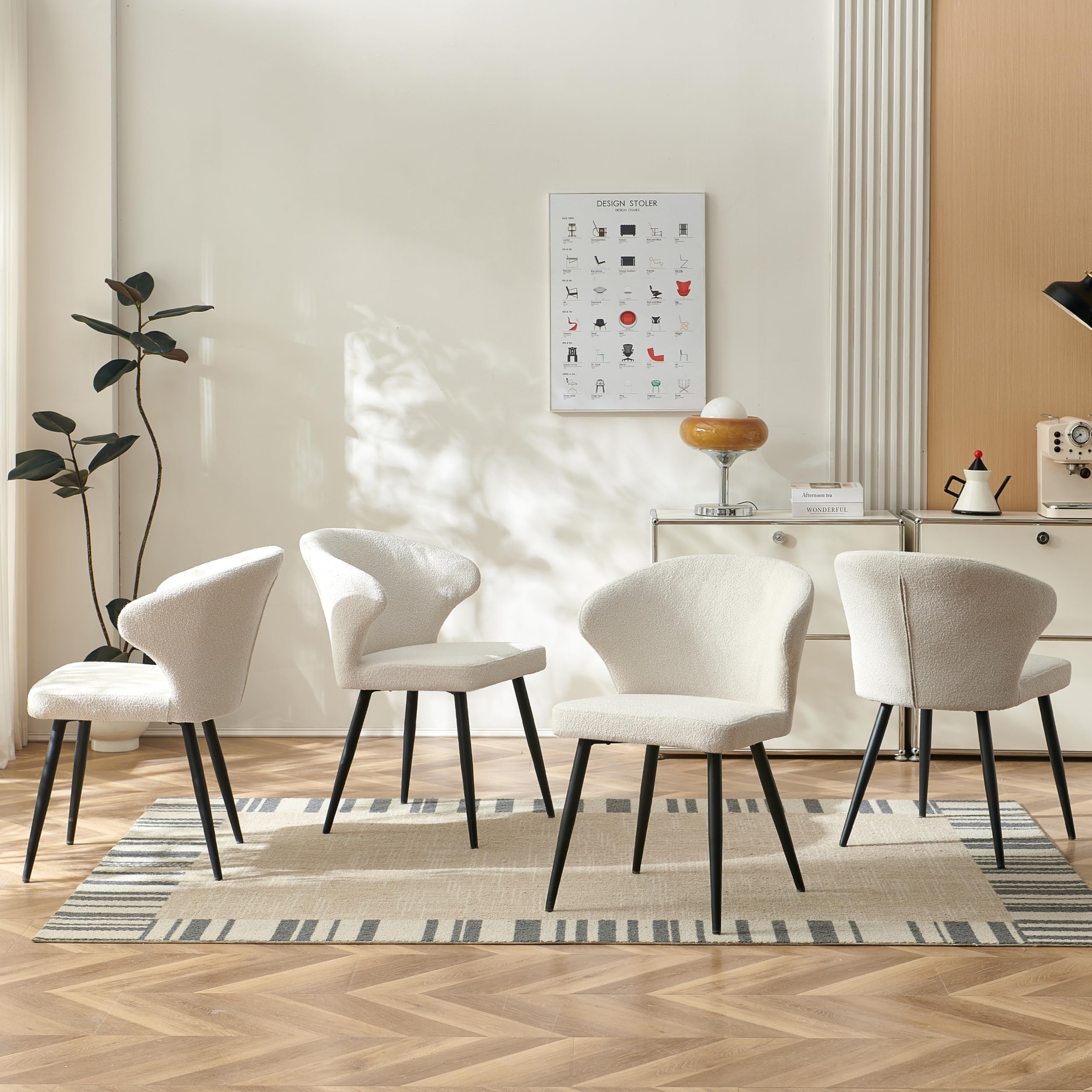 Colorig Boucle White Dining Chairs Set of 4, Modern Living Room Armchairs with Curved Backrest and Sturdy Metal Legs, Luxury Accent Chairs Dining Room Chair, Boucle White