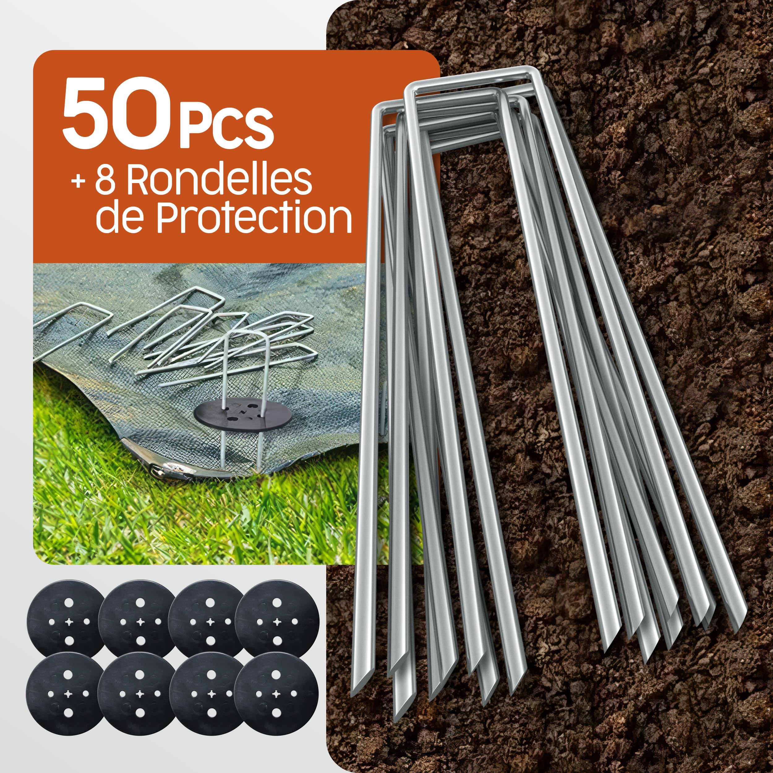 PORTENTUM Agrafes de Jardin 50 pcs + 8 Rondelles – Sardines de Fixation pour Sol Dur, Piquets de Jardin, Piquet Ancrage pour Tomates, Agrafes pour Toile de Paillage et Gazon Synthétique