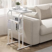 Olldide C-Shaped End Table with Storage Bag, Slide Under Couch Sofa Side Table, Metal Frame for Living Room, Bedroom, Bedside, Small Space White