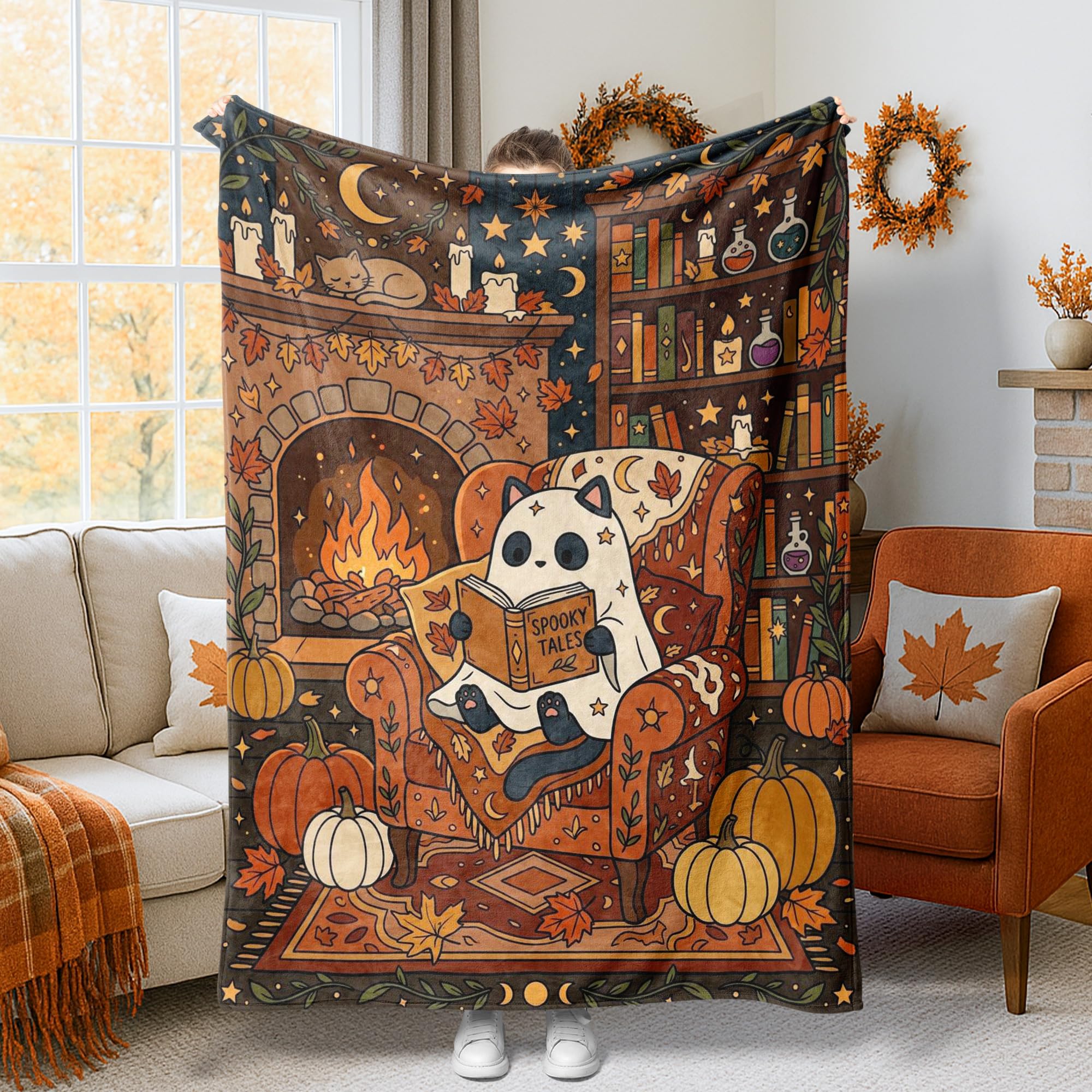Couverture pelucheuse panda citrouilles bougies Halloween | Plaid canapé lit 152x203