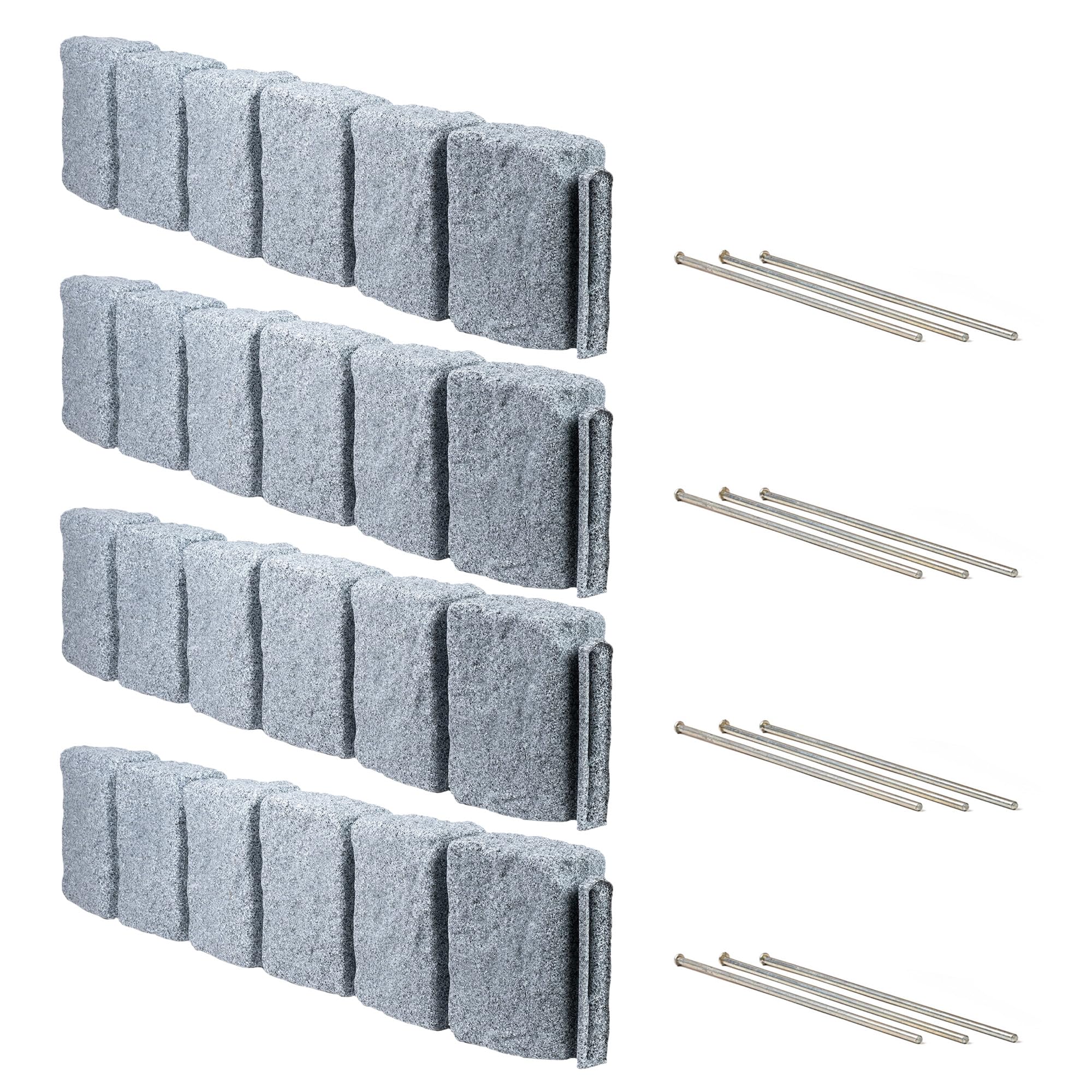 Beuta Landscape Edging | Garden Edging Border | Faux Stone Block XL for Lawn Edging, Flower Beds & Yard Edging – 4 Pack | Each Section Has 6 Blocks 48" L x 4" W x 9.5" H | 12 Spikes | Greystone