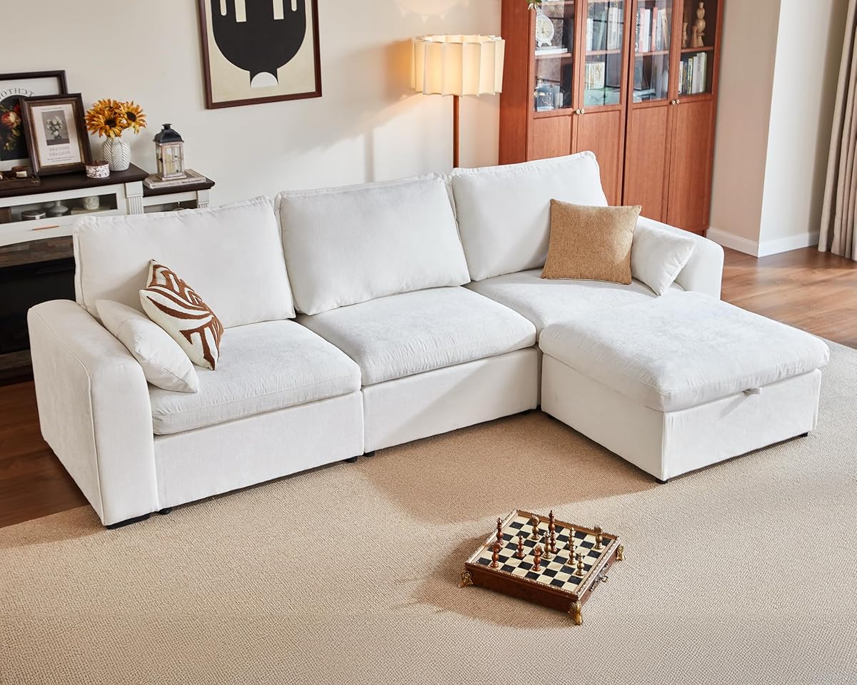 124.8'' Oversized Modular Sofa Comfy Cloud Couch with Storage Wide L-Shaped Sectional Sofa Set with Chaise for Living Room, Covers Washable, 4-Seater with Ottoman, Chenille, White