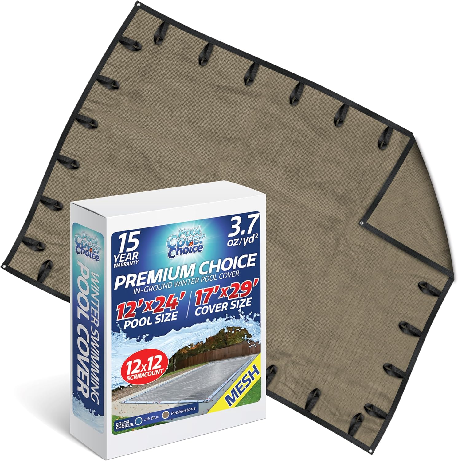 Winter Swimming Pool Cover for 12 ft x 24 ft Inground Rectangular Pool Size, Premium Choice Series, Mesh Material, Color - Pebblestone, Pool Cover Choice 431224RCHOICE