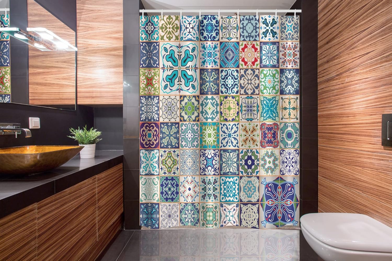 Ambesonne Moroccan Stall Shower Curtain, Floral Patchwork Design Mediterranean Symbolic Artisan Work, Fabric Bathroom Decor Set with Hooks, 54" W x 78" L, White Cadet Blue Multicolor