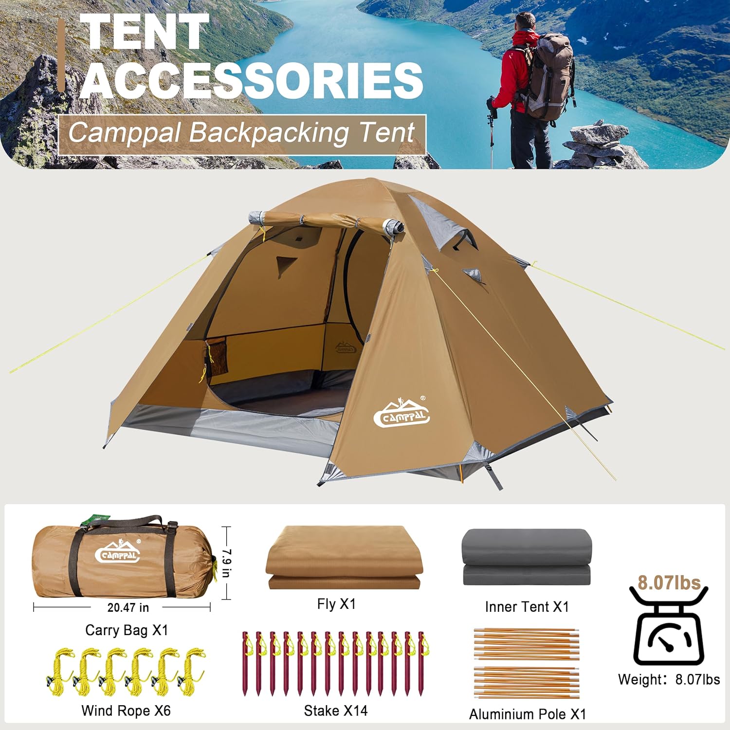 2-3 Person Backpacking Tent with Double Door 2 Vestibule, Waterproof Windproof Lightweight Easy Set Up 3 Season 2 Man Two Person Tent for Camping, Hiking, Motorcycle, Mountaineering with UPF 50+ - Image 8