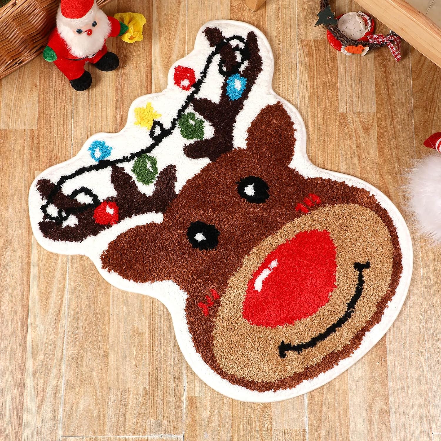 Christmas Reindeer Bathroom Rugs - Brown Xmas Soft Tufted Non-Slip Bath Mat, Absorbent Washable Shower Rug, Winter Holiday Decor for Living Room, Bedroom, Kitchen, Powder Room