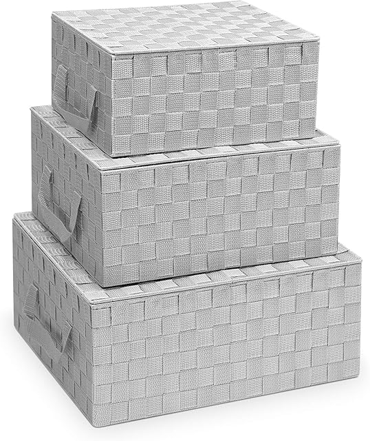 Navaris Set of 3 Storage Boxes - 3x Woven Container Baskets with Metal Frame and Lids for Household, Bedroom, Bathroom, Living Room