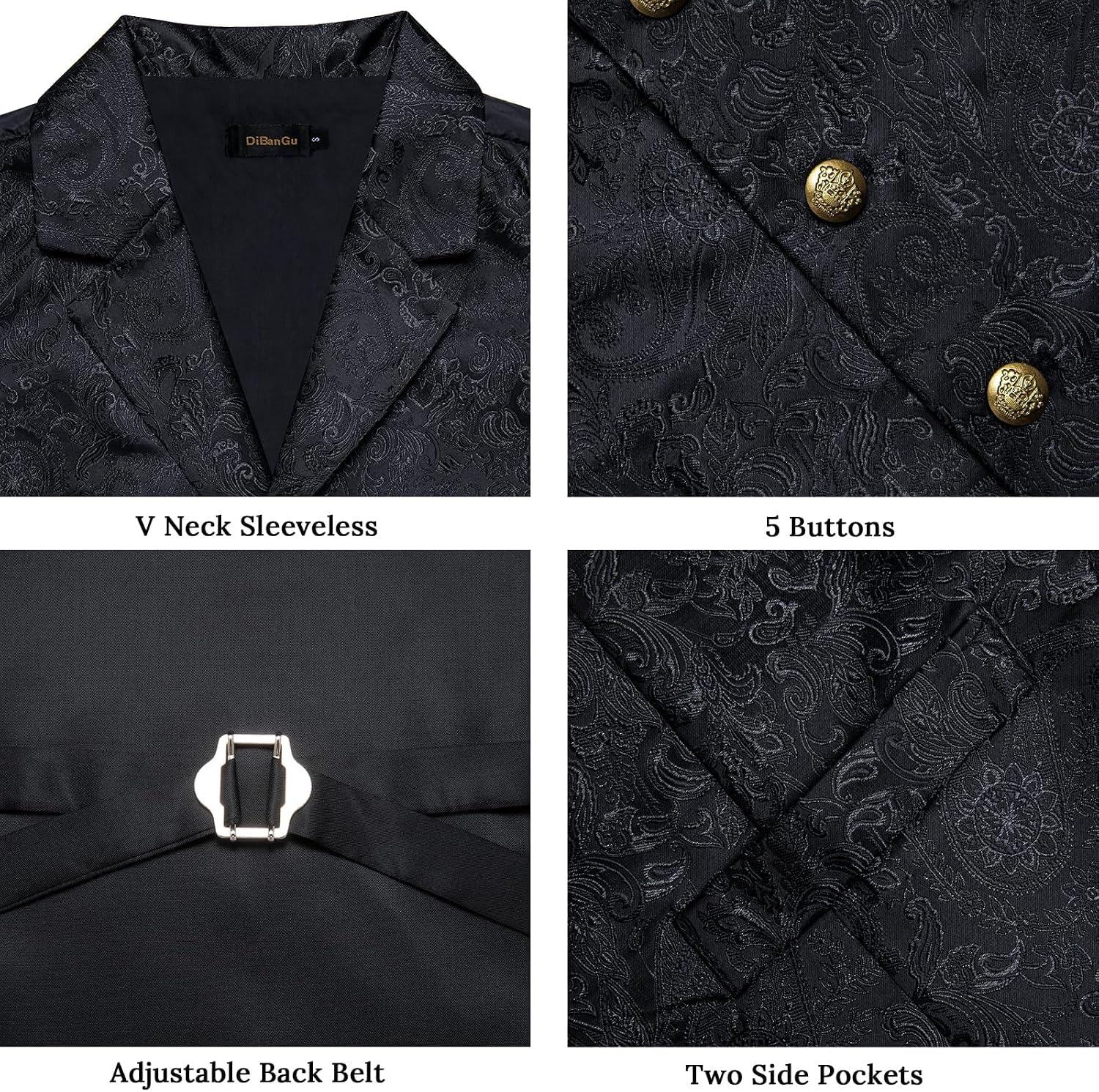 DiBanGu Silk Paisley Vest for Men Wedding Waistcoat and Necktie Bowtie Lapel Pin Set 7PCS Dress Vests for Suit or Tuxedo