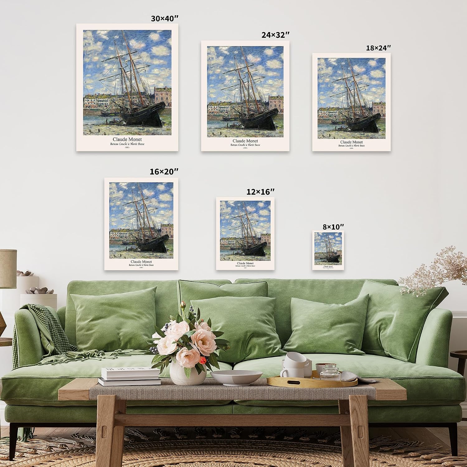 Poster Master Vintage Claude Monet Canvas - Retro Bateau Couch Mar e Basse Print - Fine Art - Classic Impressionism Painting - Office or Living Room Wall Decor - 8x10 STRETCHED Canvas