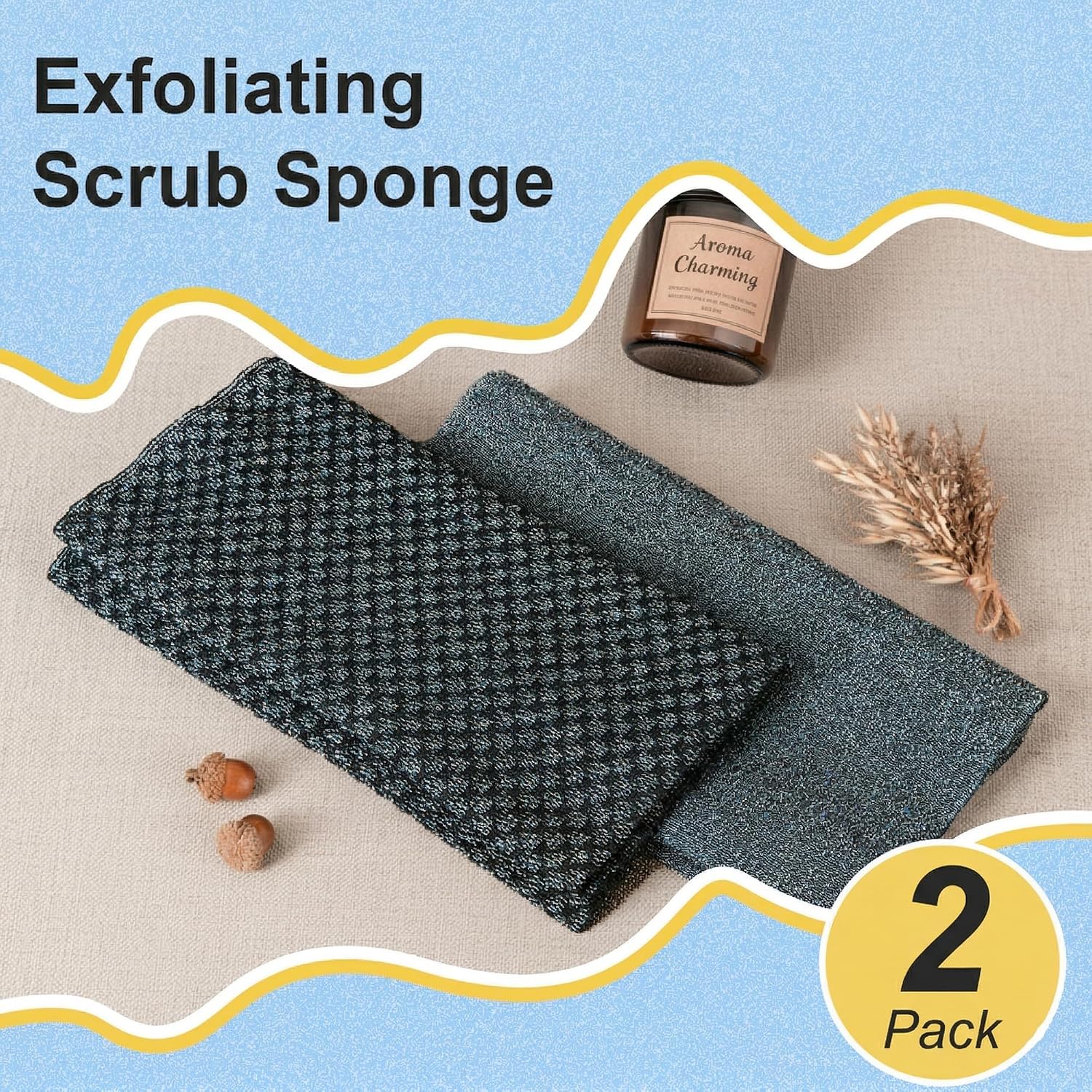 2 Pack Exfoliating Washcloth Towels - Exfoliating Body Scrubber Exfoliator, Back Scrubber for Use in Shower Bath, Japanese & Korean Scrub Wash Cloths, Loofah Lufa Sponge Washer for Women Men