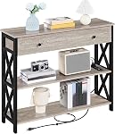 Yaheetech Console Table with Drawer and Open Shelves 100 cm L Gray | Vintage Wooden Narrow Entryway Table with Stable Metal Support for Living Room, Hallway