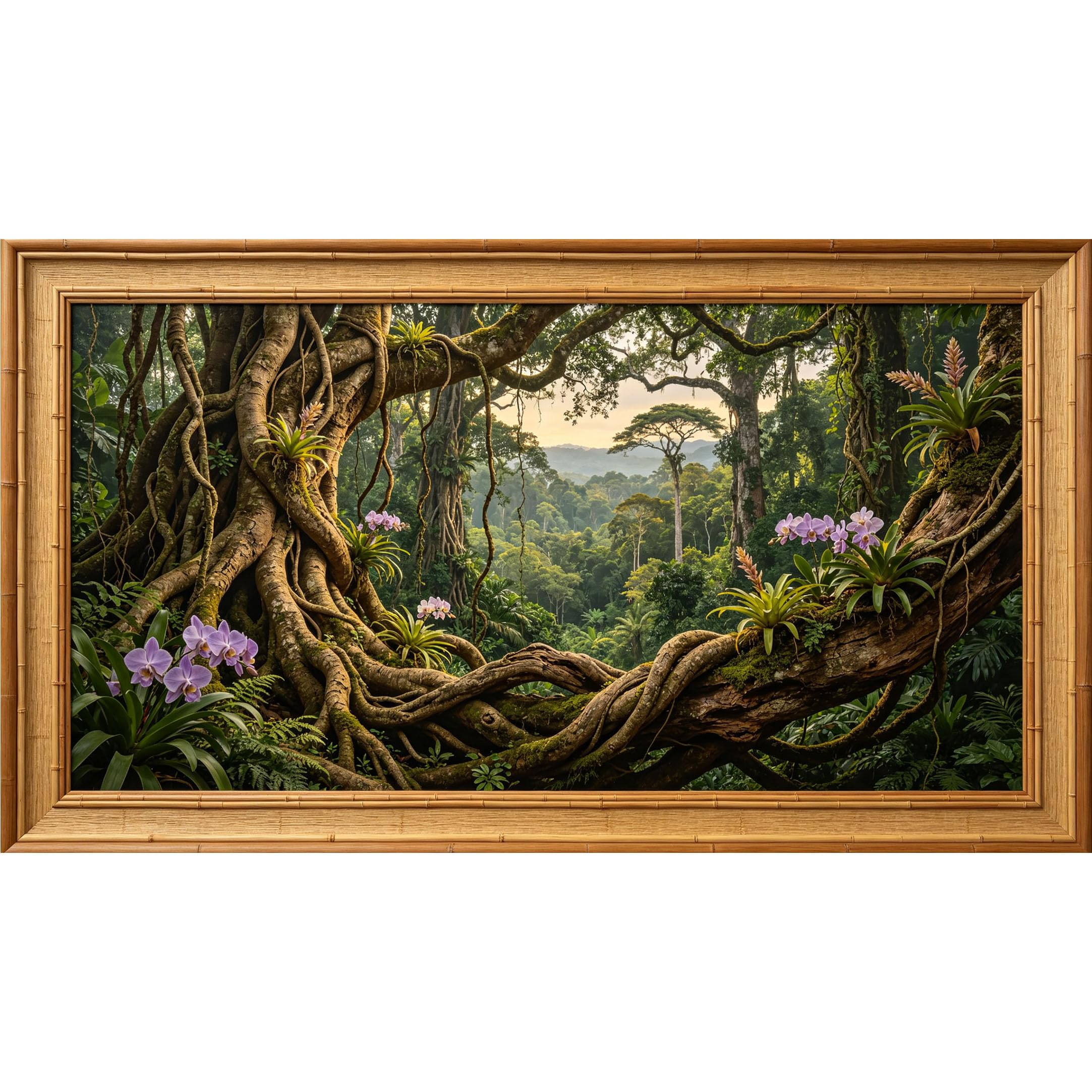 QZLITHOTIC 50x90cm3D Framed Wall Art， Tropical Jungle Orchid Botanical Forest Self‑Adhesive Mural， Water‑Activated Peel & Stick Fabric Decor Wall Decal for Bedroom Living Room