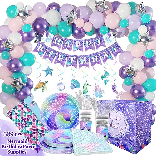 Miniatura 2 de 309 piezas de suministros de fiesta de cumpleaños de sirena (sirve 24), decoraciones de fiesta de cumpleaños de sirena para niñas, decoración de