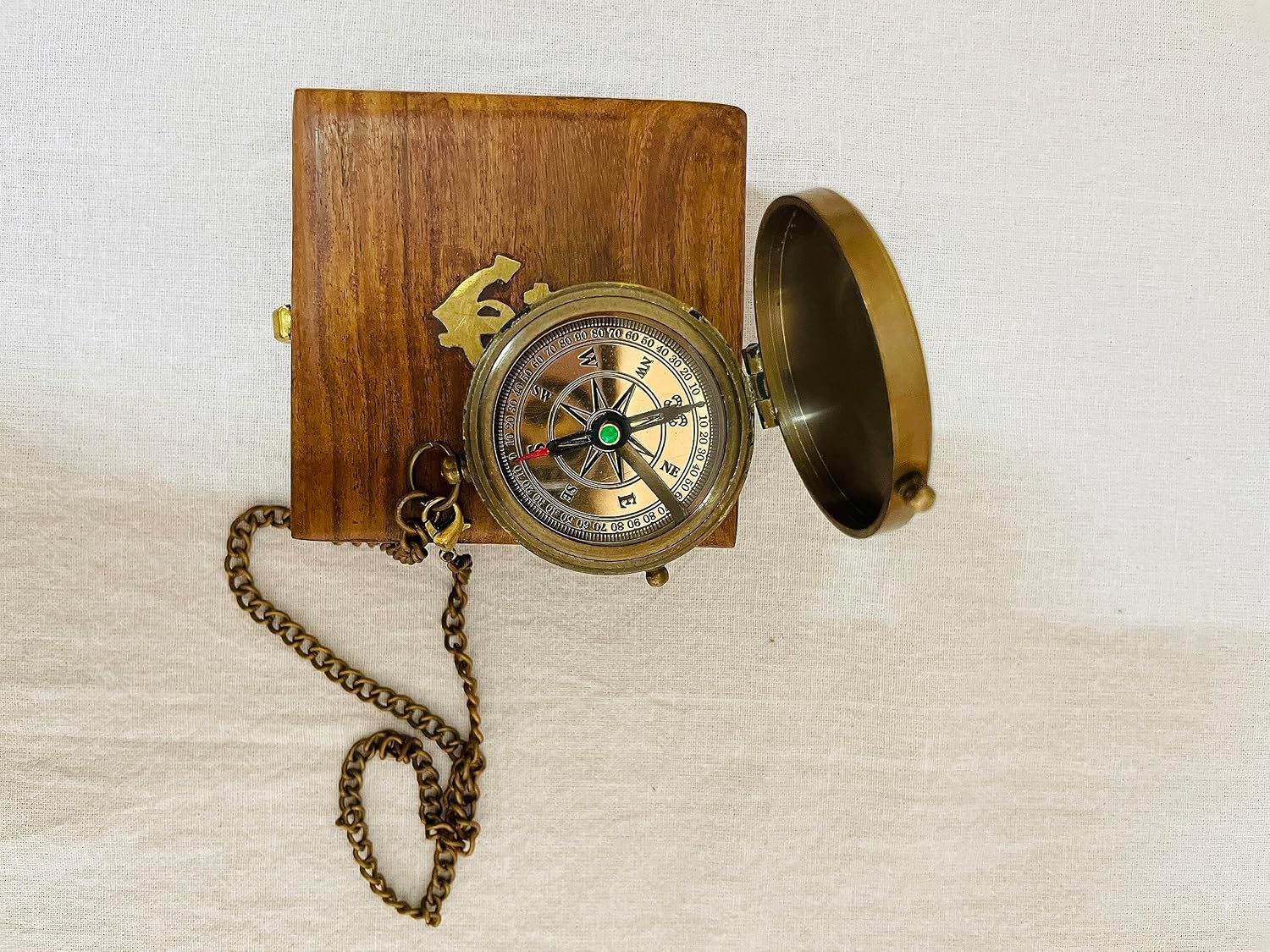 Compass with Wooden Box Vintage Brass Nautical Clock Antique Gift Sundial Pocket Retro Marine Christmas Steampunk Button Engraved Clocks Chrome (2 Inch)|DM Vintage|