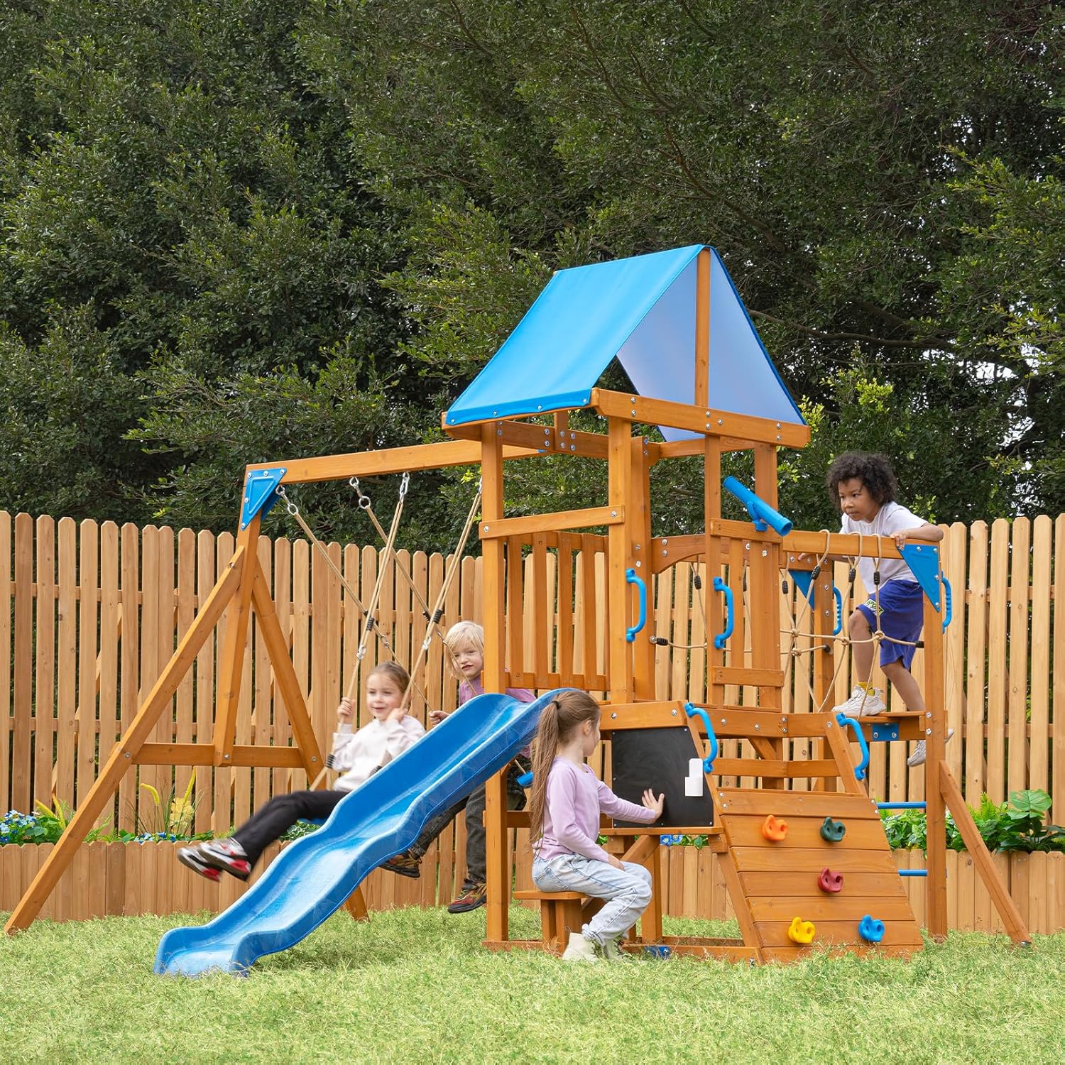 Dolphin Playground Wooden Swing Sets for Backyard with Plank Bridge, Outdoor Playset with Chalkboard, Wave Slide and 2 Swings, Cedar Wood Climbing Wall Playground for Kids Ages 3-10