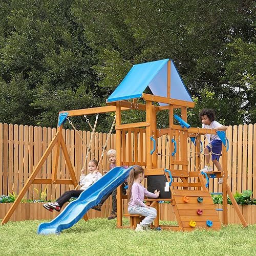 Dolphin Playground Wooden Swing Sets for Backyard with Plank Bridge, Outdoor Playset with Chalkboard, Wave Slide and 2 Swings, Cedar Wood Climbing Wall Playground for Kids Ages 3-10