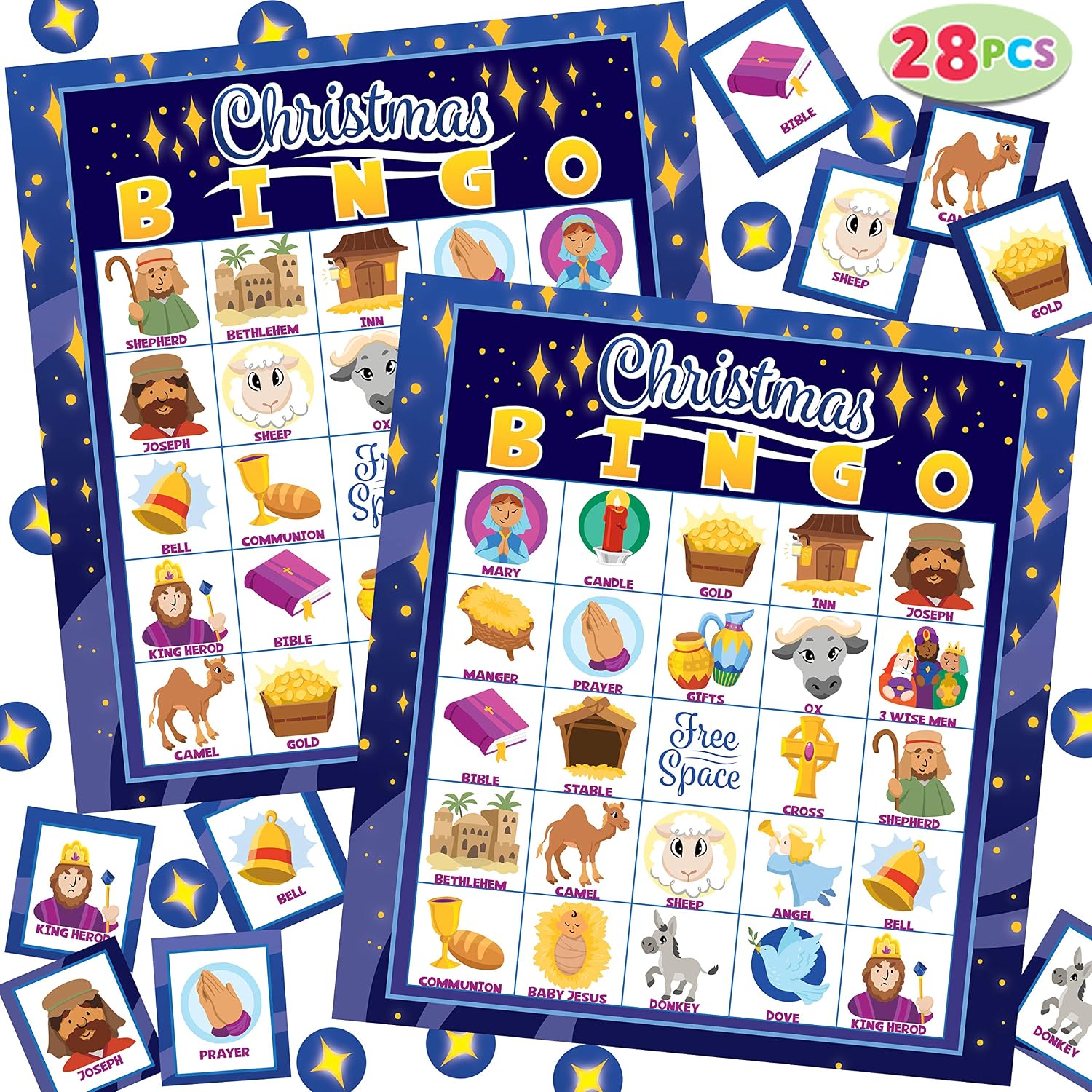 JOYIN 28 Players Christmas Bingo Cards (5x5) for Kids Xmas Party Supplies Goodies Games, Kids School Classroom Goody Gift Filler Stuffers, Indoor Family Activities (Nativity)