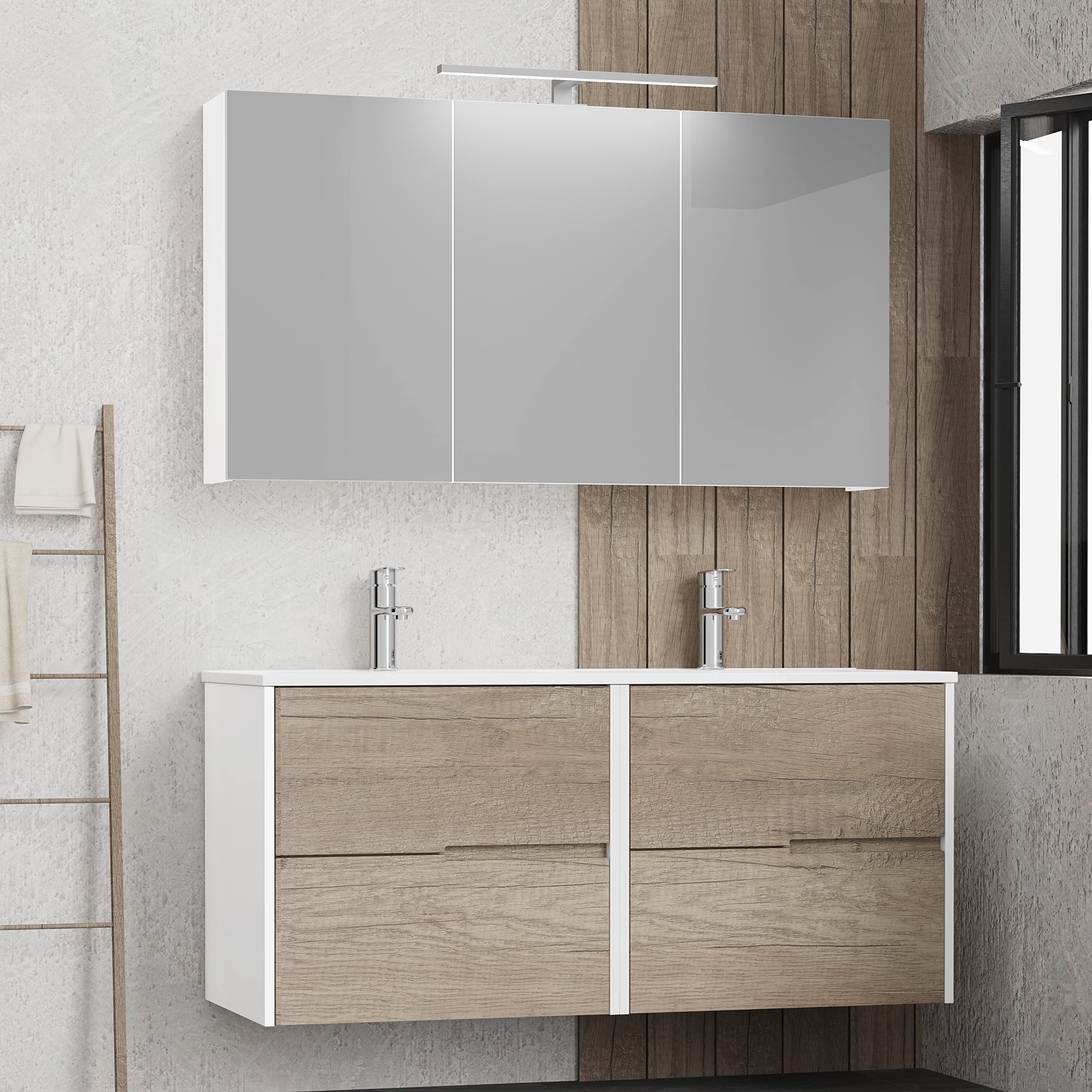 Baikal Mueble Camerino con Espejo, Armario Auxiliar de Baño Multiusos, Opción con o sin Luz LED. Mueble de Pared de fácil colocación. Armario MONTADO. Acabado Blanco. Camerino LED 120 cm