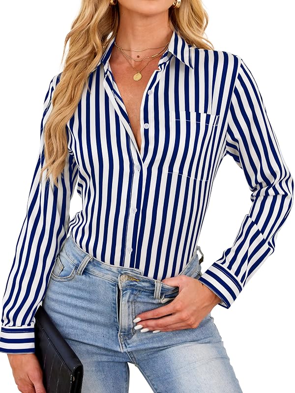 BBIBBI Navy Blue Shirt Women Blouse for Dark and White Tops Blouses Long Sleeve Womens Dress Shirts Striped Button Down Navy Blue Size XXL by BBIBBI - Used condition - Image 2