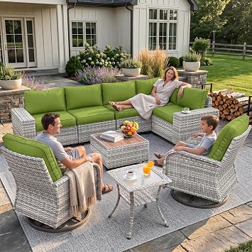 Outdoor Patio Furniture Set PE Wicker Rattan Outdoor Sectional Sofa | Patio Conversation Set with Rocking Swivel Chair, Chunky Arms Coffee Table & Thickened Cushions for Proch 9PCS, Avocado Green