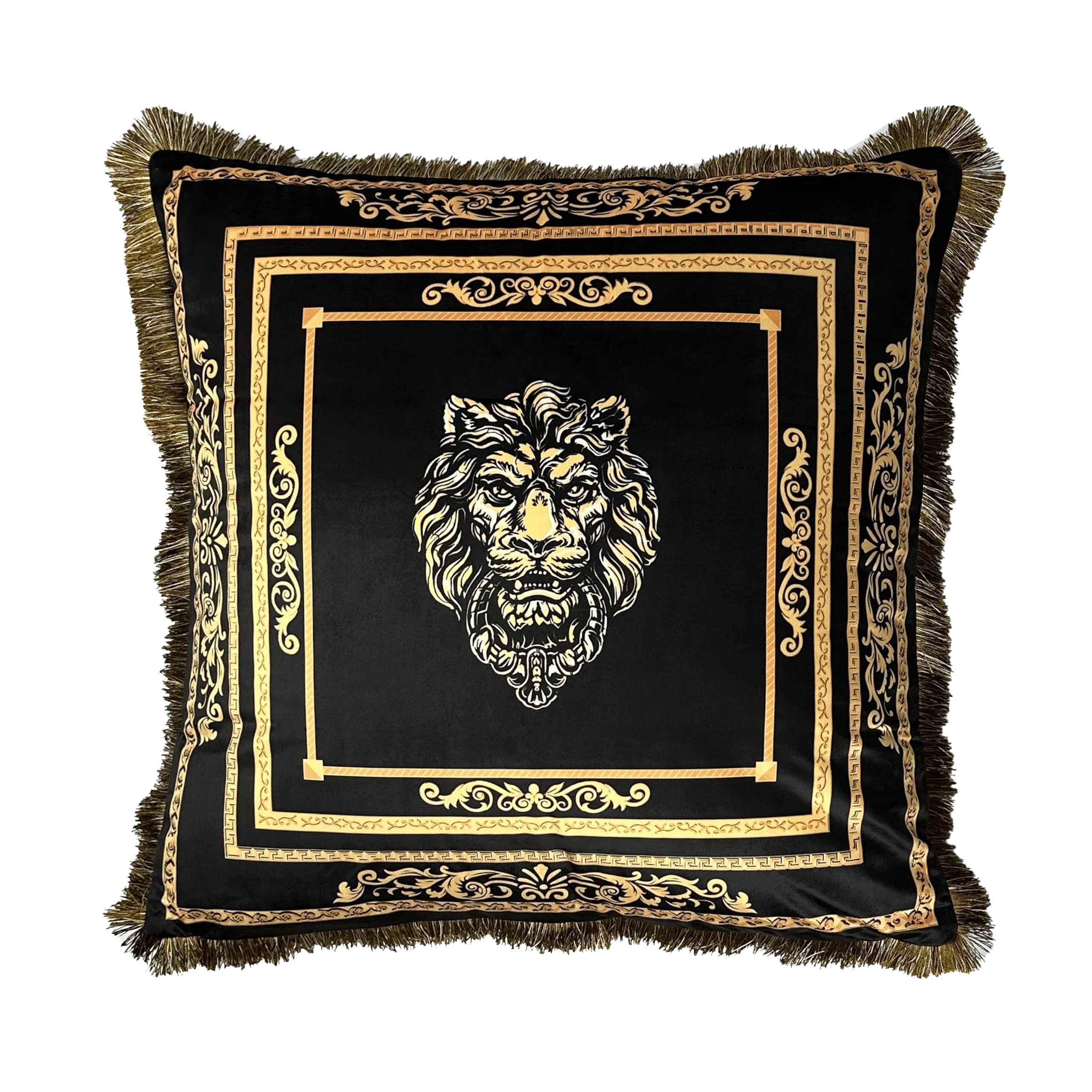 Coussin de luxe velours noir doré 45x45 motif lion couronne avec rembourrage
