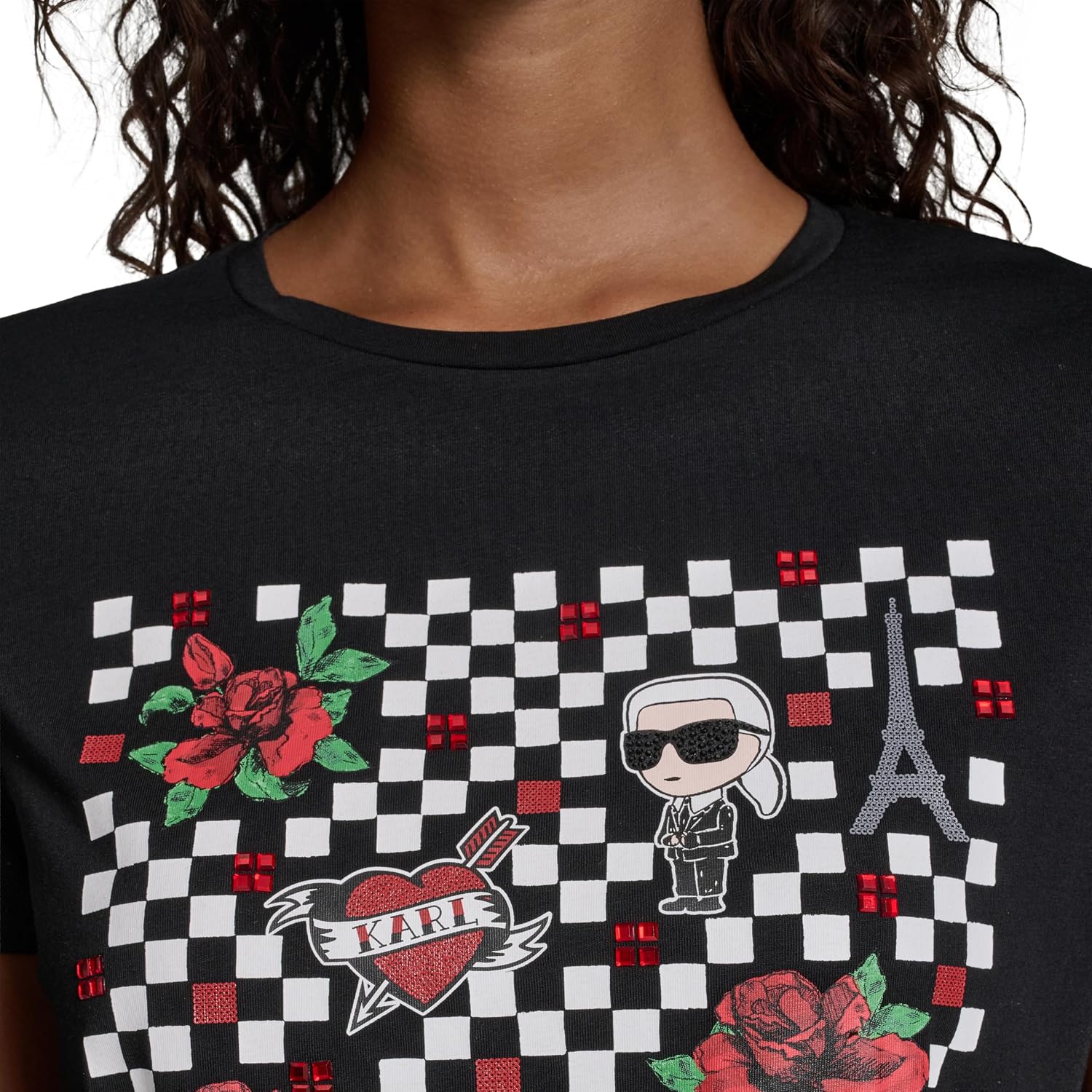 Karl Lagerfeld Women's Logo Checkerboard Logo Black and White Whimsical T-Shirt